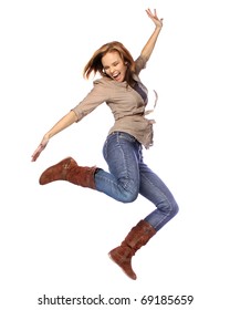 Young Woman Dancing On White Background