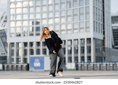 Young woman dancing in urban setting with modern architecture in background - Powered by Shutterstock