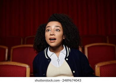 A young woman in a dark blue jacket sits in a movie theater, watching the screen with a shocked expression. - Powered by Shutterstock