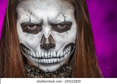 Young Woman In Day Of The Dead Mask Skull Face Art. Halloween Face Art.