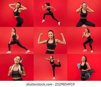 A young woman demonstrates various fitness poses, including running, stretching, and weightlifting, against a bright red backdrop - Powered by Shutterstock