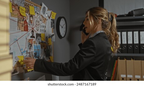 A young woman detective analyzes evidence on a board while talking on the phone in a police station office. - Powered by Shutterstock
