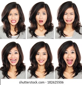 young woman with different facial expression face set isolated on white background