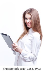 Young Woman With Digital Tablet Computer PC Isolated On White Background Wearing White Business Shirt