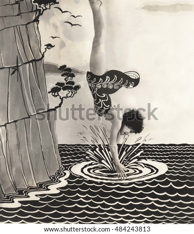 Young woman diving into water illustration