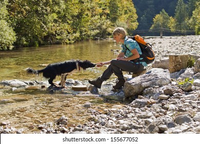 Young Woman With Dog On A Sunny Day Hiking