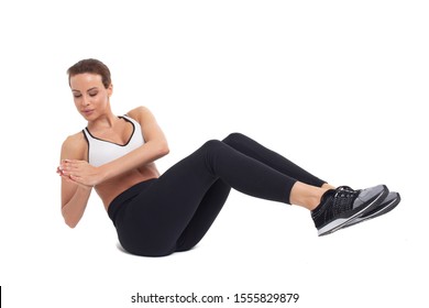 Young Woman Doing Abs Exercises, Russian Twist, Isolated On White