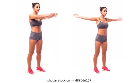 Young Woman Doing Exercise Dynamic Chest Stretch