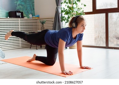 Young Woman Doing The Exercises On All Fours Arching Back Straightening Leg Up Concept Sport