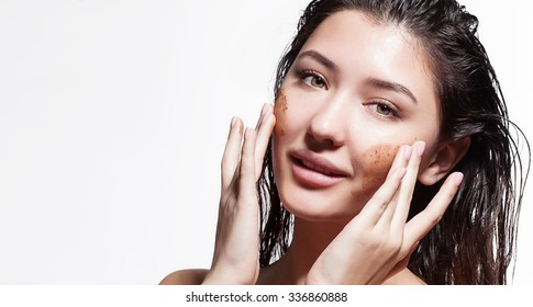 Young Woman Doing Facial Peels Coffee Scrub