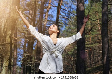 Young Woman Doing Foresth Bathin (Shnrin Yoku), Natural Therapy From Japan (Model Released)