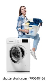 Young Woman Doing Laundry On White Background