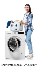 Young Woman Doing Laundry On White Background