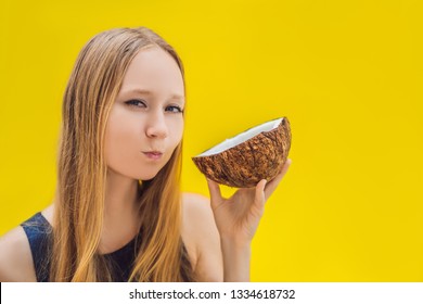 Young Woman Doing Oil Pulling Over Yellow Background