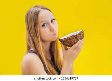 Young Woman Doing Oil Pulling Over Yellow Background