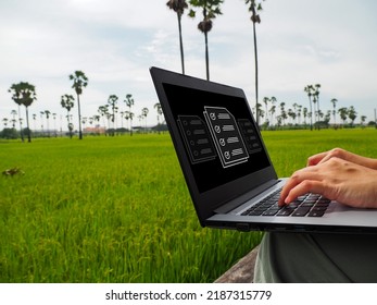 A Young Woman Doing An Online Questionnaire On A Laptop Online Quiz Idea Or Questionnaire Icon On A Digital Window Provides Service Satisfaction Information Green Nature Background