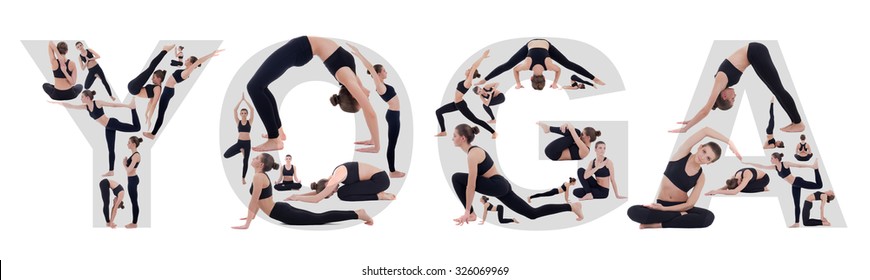 young woman doing yoga in different poses and forming yoga word isolated on white background