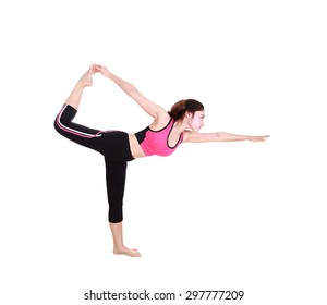 Young woman doing yoga exercise isolated on white background