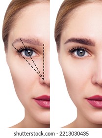 Young woman with dotted lines before and after eyebrows correction. - Shutterstock ID 2213030435