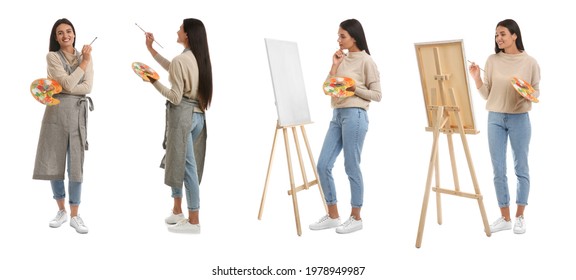 Young woman drawing on easel against white background, collage. Banner design - Powered by Shutterstock