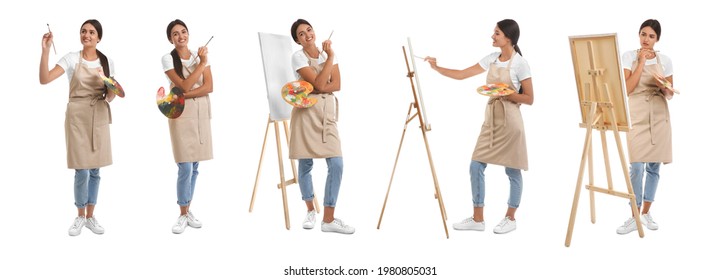 Young woman drawing on easel against white background, collage. Banner design - Powered by Shutterstock