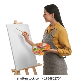 Young woman drawing on easel against white background - Powered by Shutterstock