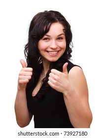 Young Woman Dressed In Black Is Showing Thumb Up Gesture, Isolated Over White