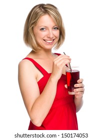 Young Woman Is Drinking Cherry Juice Using Straw, Isolated Over White