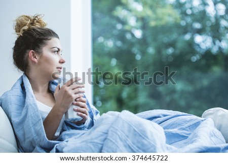 Similar – Image, Stock Photo young woman on bed working on laptop.Cute small dog besides