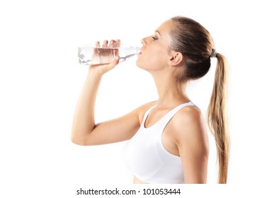 Young Woman Drinking Water, On White Background