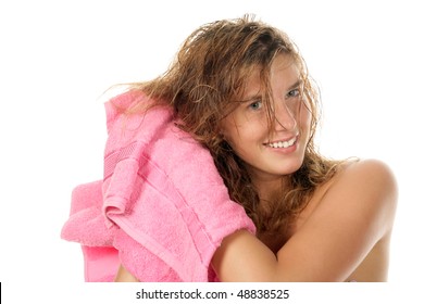 Young Woman Drying Hair With Towel