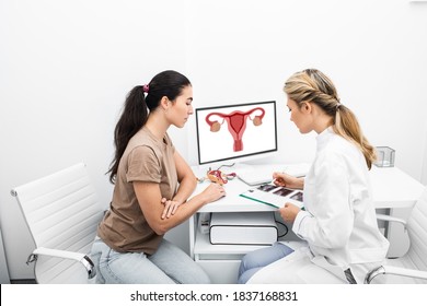 Young Woman During A Visit To The Gynecologist. Women's Health, An Examination Of The Uterus And Ovarian Ultrasound