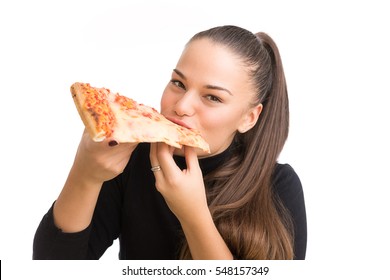 Young Woman Eat Pizza Isolated On A White Background.