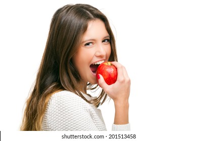 Young Woman Eating An Apple Isolated On White 