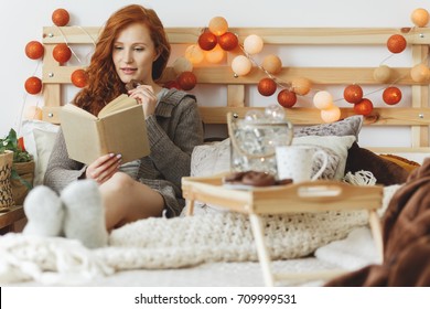 Young Woman Eating Chocolate Gingerbread Cookies While Reading A Book