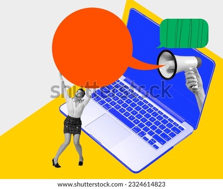 Young woman, employee and boss notifications. Communication via laptop, online remote work. Contemporary art collage. Concept of social media, influencer, freelance, communication, internet, ad