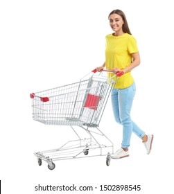 Young Woman With Empty Shopping Cart On White Background