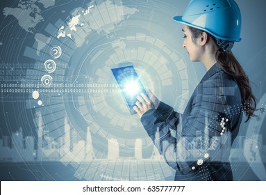 Young Woman Engineer Holding Tablet PC. Industrial Technology Concept. Abstract Mixed Media. 