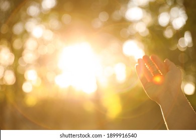 Young Woman Enjoying Beautiful Sunset, Closeup View With Space For Text. Nature Healing Power