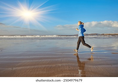 A young woman enjoying a coastal jog along Essaouira's oceanfront, with the Atlantic waves providing a serene backdrop to her invigorating run - Powered by Shutterstock