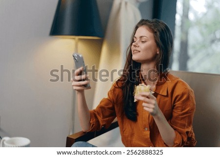 Similar – Image, Stock Photo Happy jovial healthy young woman posing between building in urban environment with sporty atmosphere
