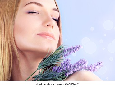 Young Woman Enjoying Lavender Flower Scent, Close Up On Clean Skin Female Face, Sensual Girl At Spa Aromatherapy, Health And Beauty Treatment, Wellness Concept