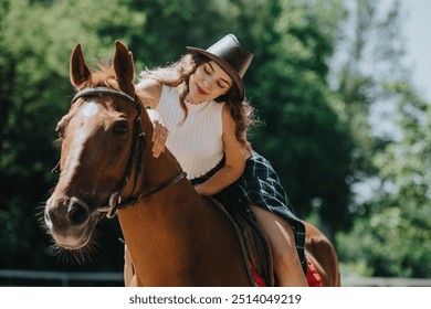 Young woman enjoying a leisurely horseback ride outdoors on a sunny day, highlighting equestrian activities and relaxation. - Powered by Shutterstock