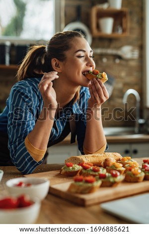 Image, Stock Photo Young woman enjoying cherry blossoms in springtime