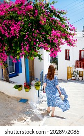 Young Woman Enjoying Walk Around Old Traditional Greek Cycladic Village Of Plaka On Milos Island