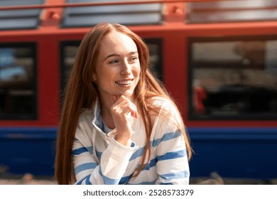 A young woman enjoys a sunny day outdoors near a colorful train station, smiling and contemplating her next adventure - Powered by Shutterstock