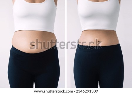 Young woman with excess fat and toned slim stomach with abs before and after losing weight isolated on a white background. Result of diet, liposuction, training. Healthy lifestyle. Overweight