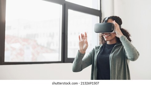 Young Woman Experiencing Virtual Reality Headset At Home. VR, Future, Gadgets, Technology, Education Online, Studying, Video Game Concept