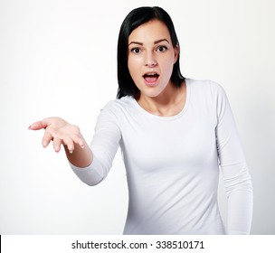 Young Woman Explaining Something Emotionally Gesturing With Hands, Isolated Over White