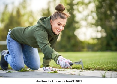 Young woman extract the weeds from concrete in the garden